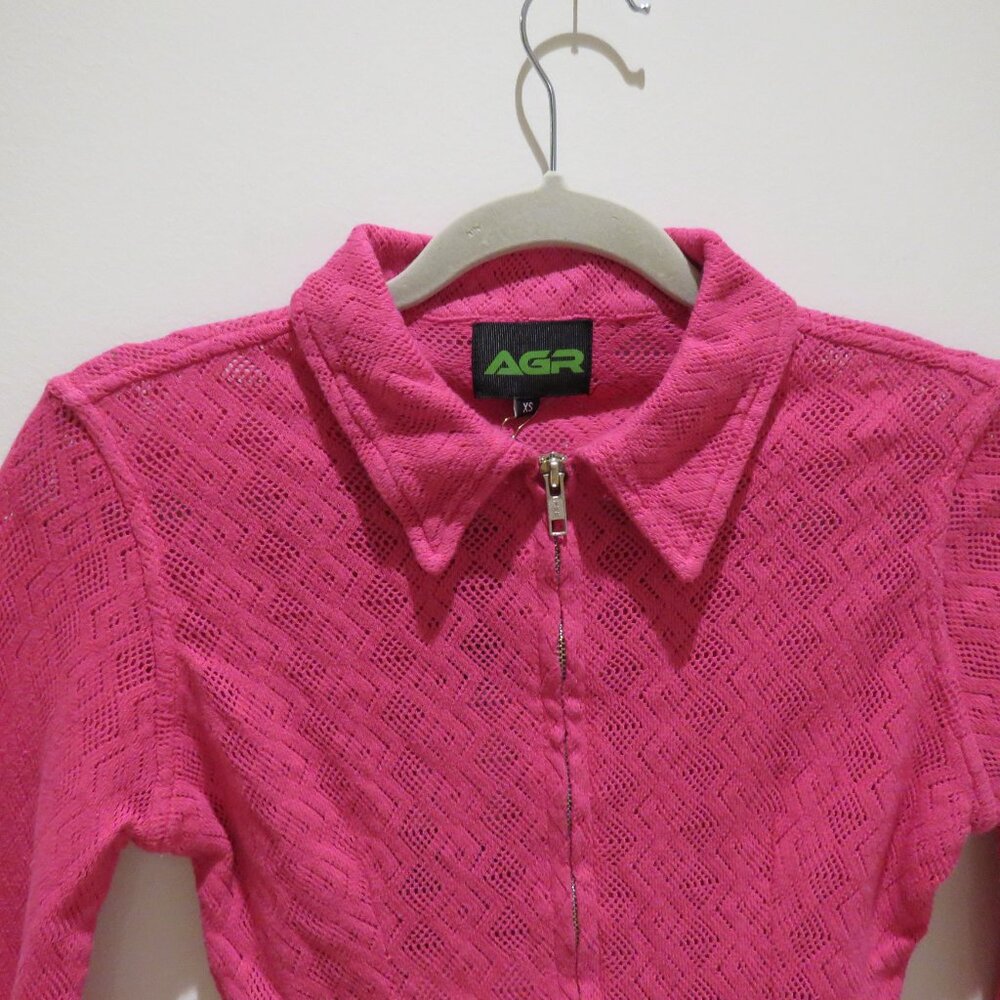 AGR Pointelle Lace Cropped Shirt in Vibrant Pink Preppy Avant Garde Y2K XS NWT - Picture 5 of 15